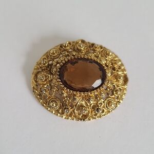 Vintage West Germany Ornate Gold Tone Filligree Amber Oval Stone Brooch Pin
